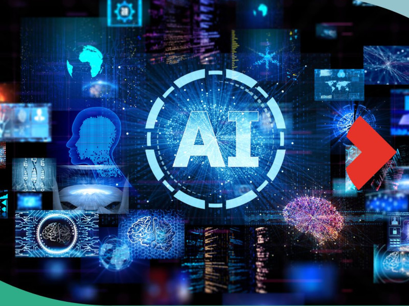 Schriftzug "AI" umgeben von digitalen Symbolen, Datenvisualisierungen und neuronalen Netzwerken