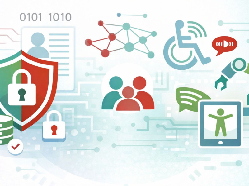 Illustration zu Datenschutz, IT-Sicherheit, Barrierefreiheit und digitaler Vernetzung mit Symbolen für Schutz, Nutzergruppen und Technologie