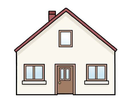 Ein einfaches Haus mit zwei Fenstern. Es hat ein rotes Dach.
