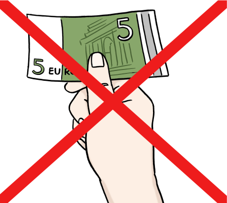 Eine Hand hält 5-Euro-Schein. Darüber sieht man ein rotes Kreuz. Das symbolisiert keine Zahlung.