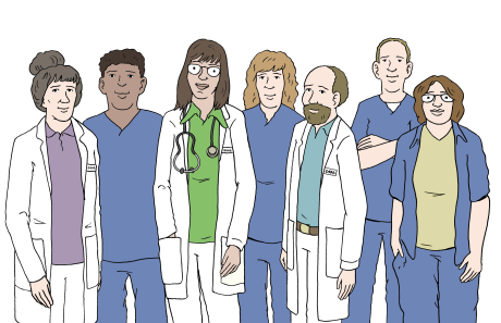 Eine Gruppe von medizinischen Fachleuten stehen zusammen. Sie wirken freundlich und professionell.