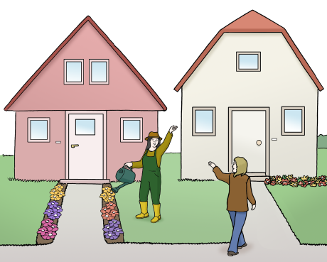 Zwei Menschen grüßen sich. Sie stehen vor ihren Häusern. Im Garten sind bunte Blumen.