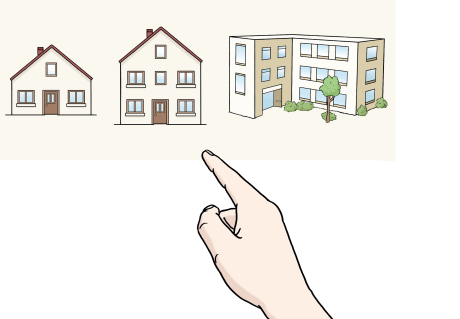 Eine Hand zeigt auf drei verschiedene Wohngebäude.