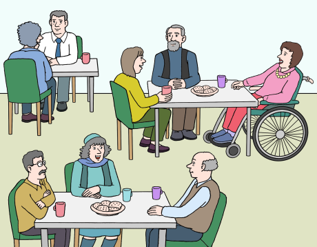 Menschen unterhalten sich in einem Café. Sie trinken Kaffee und essen Kekse.