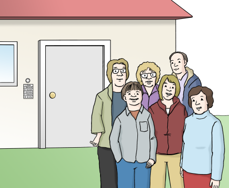 Sechs lächelnde Menschen stehen vor einem Haus. Sie wohnen zusammen.