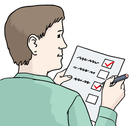 Eine Person überprüft eine Liste. Die Person markiert erledigte Aufgaben mit roten Häkchen.