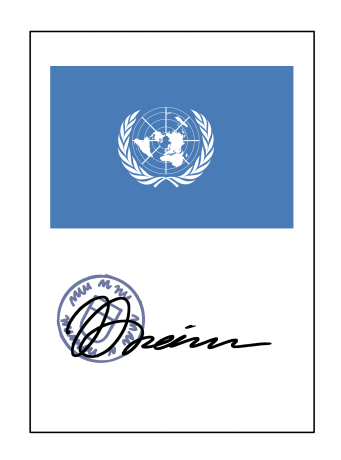 UN-Flagge mit Unterschrift und Stempel darunter.