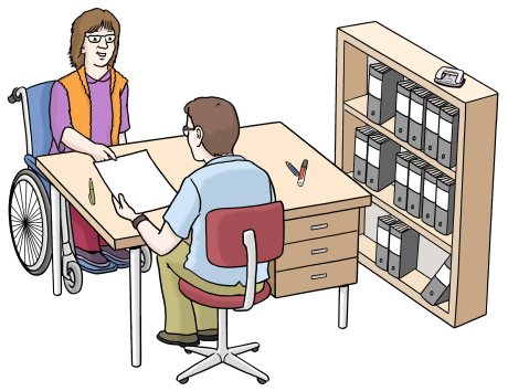 Zwei Menschen sitzen in einem Büro. Eine Person ist im Rollstuhl. Sie besprechen Dokumente.