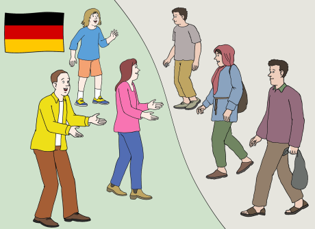 Menschen aus verschiedenen Kulturen treffen sich. Man sieht eine Deutschland Flagge.