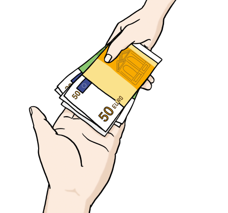 Eine Hand gibt einer anderen Hand Geldscheine.