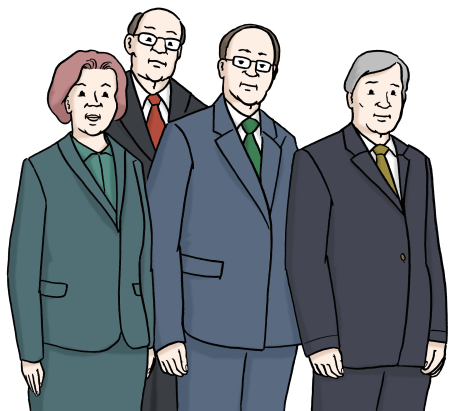 Vier Personen in Anzügen stehen nebeneinander. Sie sind formell gekleidet.