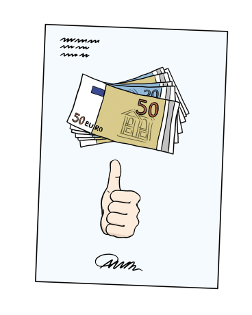 Daumen hoch unter einigen Euro-Scheinen. Das symbolisiert, dass es Geld Unterstützung gibt.