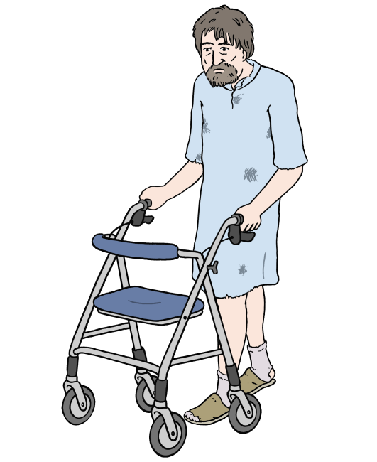 Ein älterer Mann benutzt einen Rollator. Er trägt ein schmutziges Kleid.