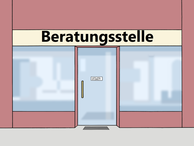 Eine Beratungsstelle mit Glastür und großen Fenstern.