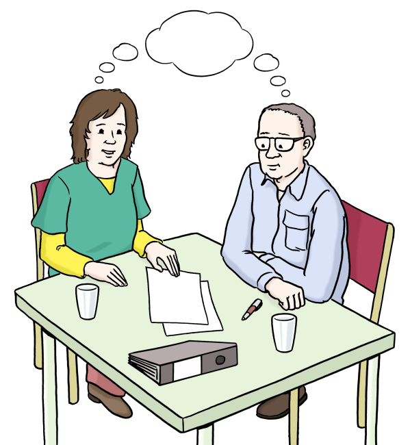 Zwei Personen sitzen am Tisch. Sie reden und denken nach.