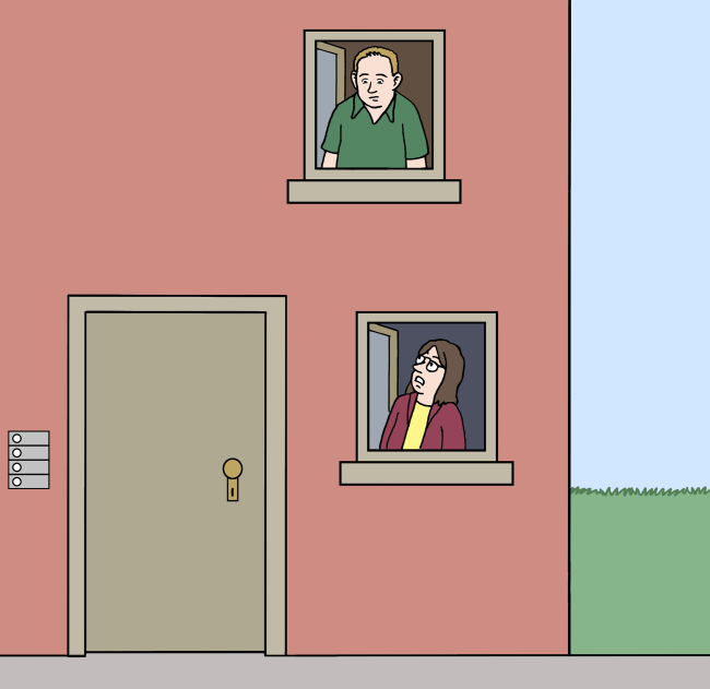 Zwei Personen schauen aus Fenstern eines Hauses. Sie schauen mit erstaunten Gesichtern.
