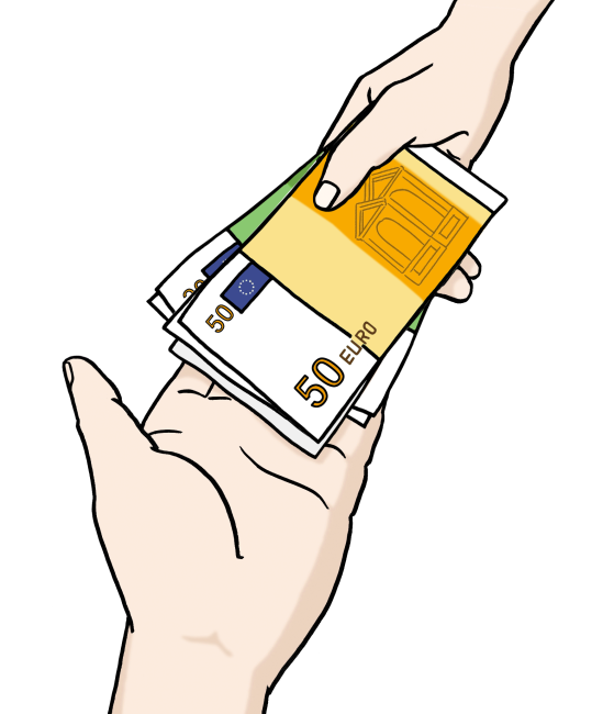 Eine Hand übergibt Geldscheine an eine andere Hand.