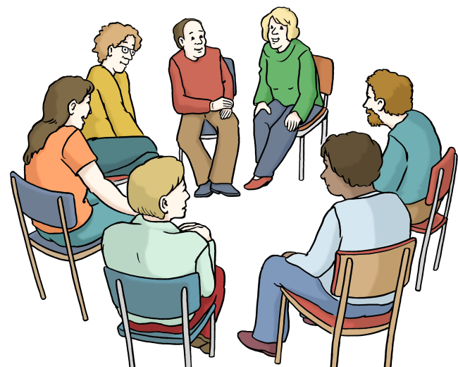 Eine Gruppe von Menschen sitzt im Kreis. Sie unterhält sich freundlich.