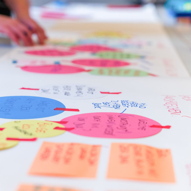 Bunte Moderationskarten mit handschriftlichen Notizen auf einem Workshop-Tisch, Fokus auf Beteiligung und kreativer Ideenentwicklung