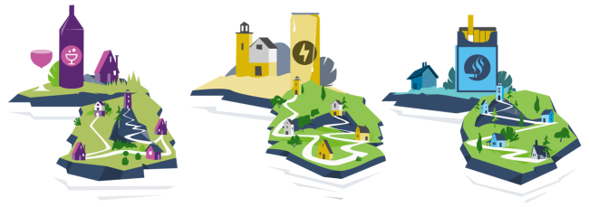 Drei Inseln aus der SKoL-Toolbox symbolisieren die Themen Alkohol, Energy Drinks und Nikotin – jeweils als visuelle Einstiege in interaktive Lernmodule zur Suchtprävention