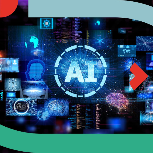 Schriftzug "AI" umgeben von digitalen Symbolen, Datenvisualisierungen und neuronalen Netzwerken