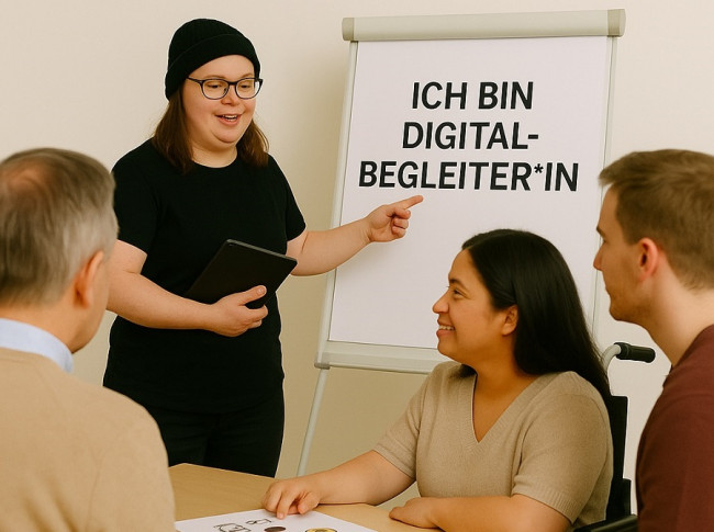 Peerberatung: eine Person mit Beeinträchtigung erklärt ihre Rolle als Digitalberaterin einer Gruppe